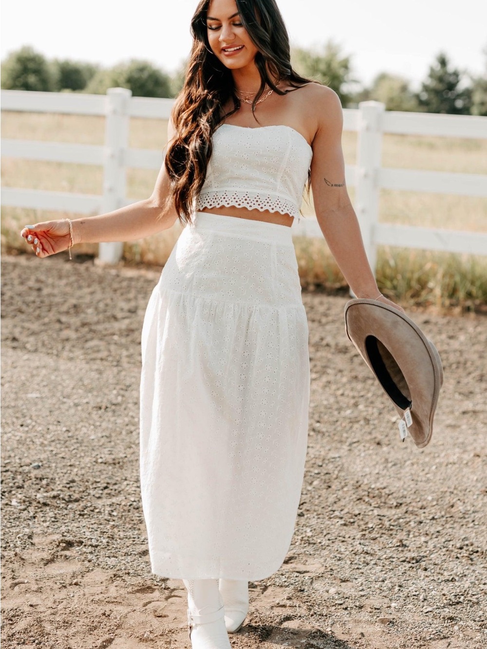 HYFVE White Eyelet Tube Top & Maxi Midi Skirt Set M
